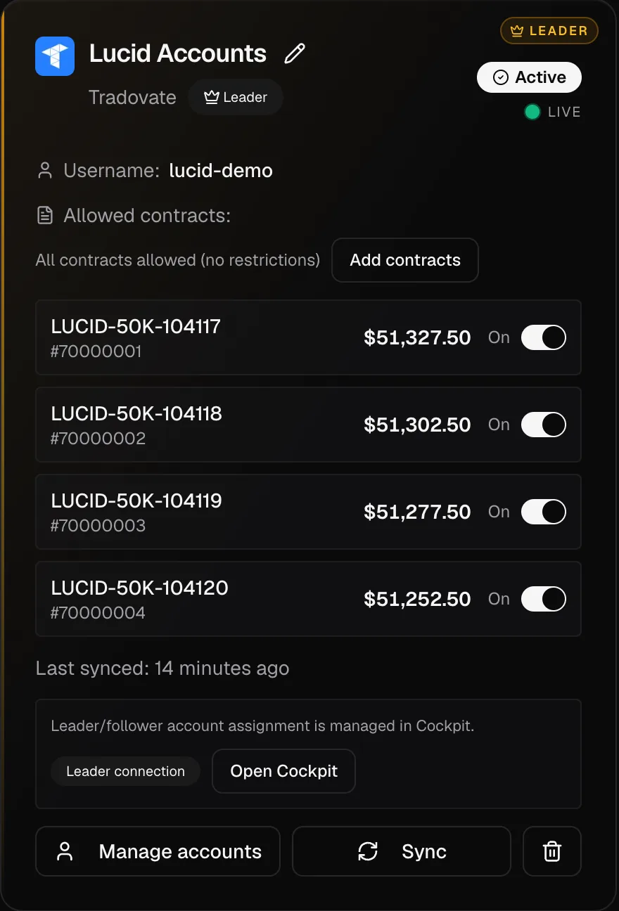 Connection card showing four Lucid 50K accounts with balances and on toggles